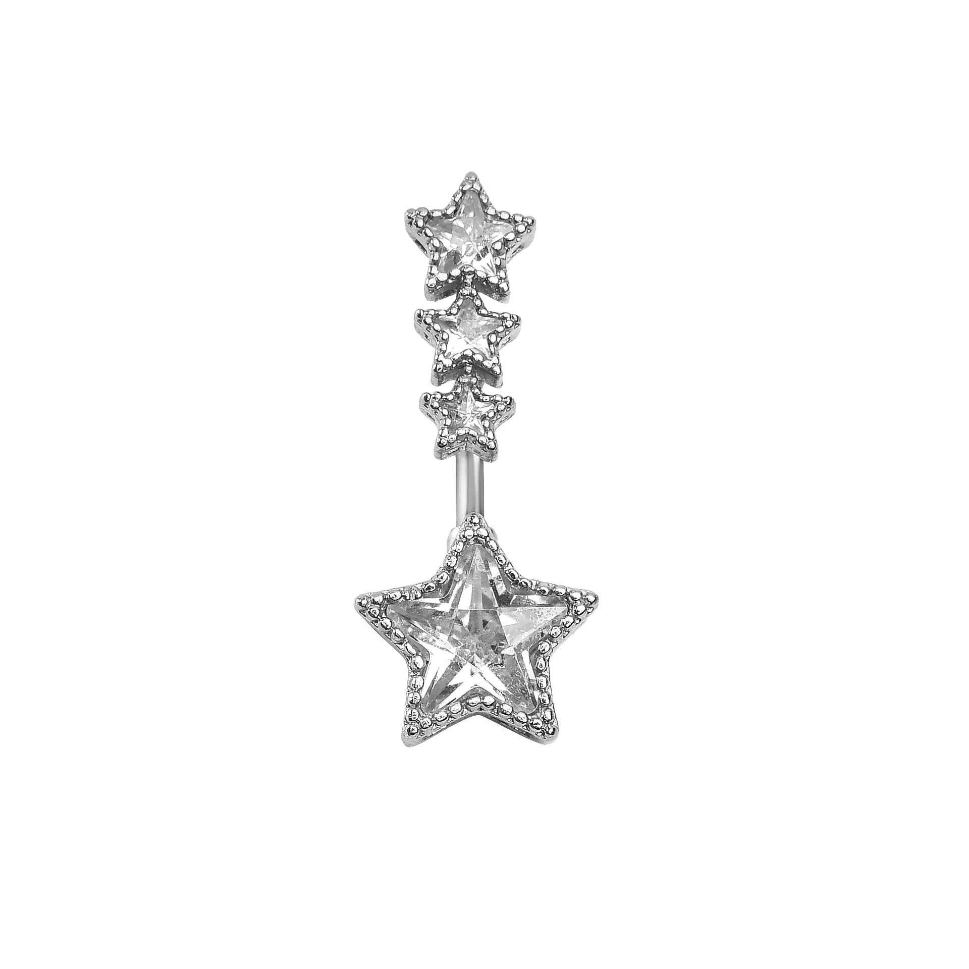 Gold star-shaped navel piercing jewelry with three small top stars and a brilliant crystal star drop