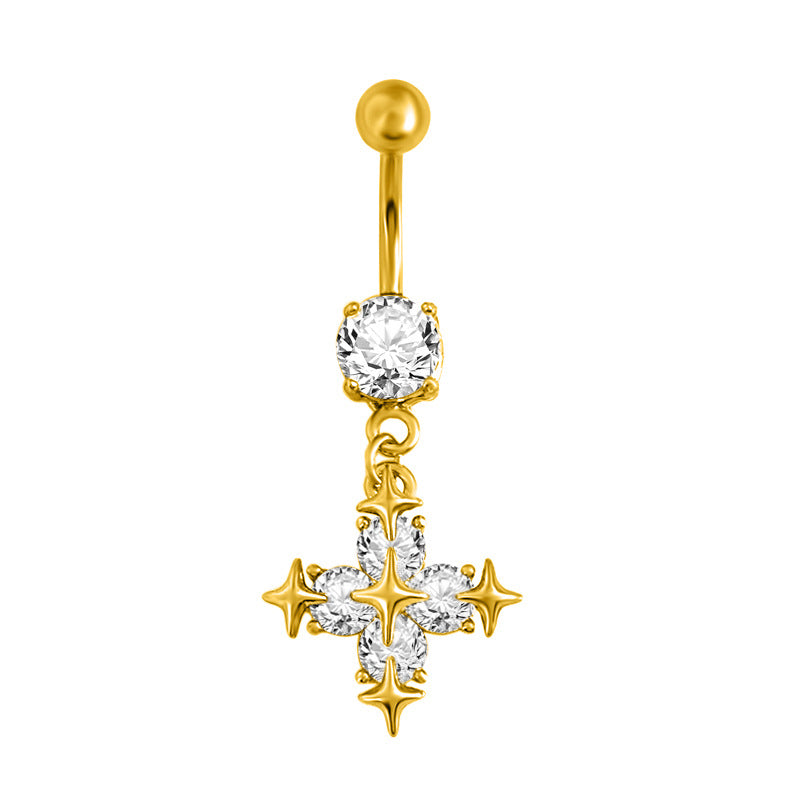 Gold-tone dangle navel ring featuring a brilliant cross starburst charm set with sparkling clear crystals