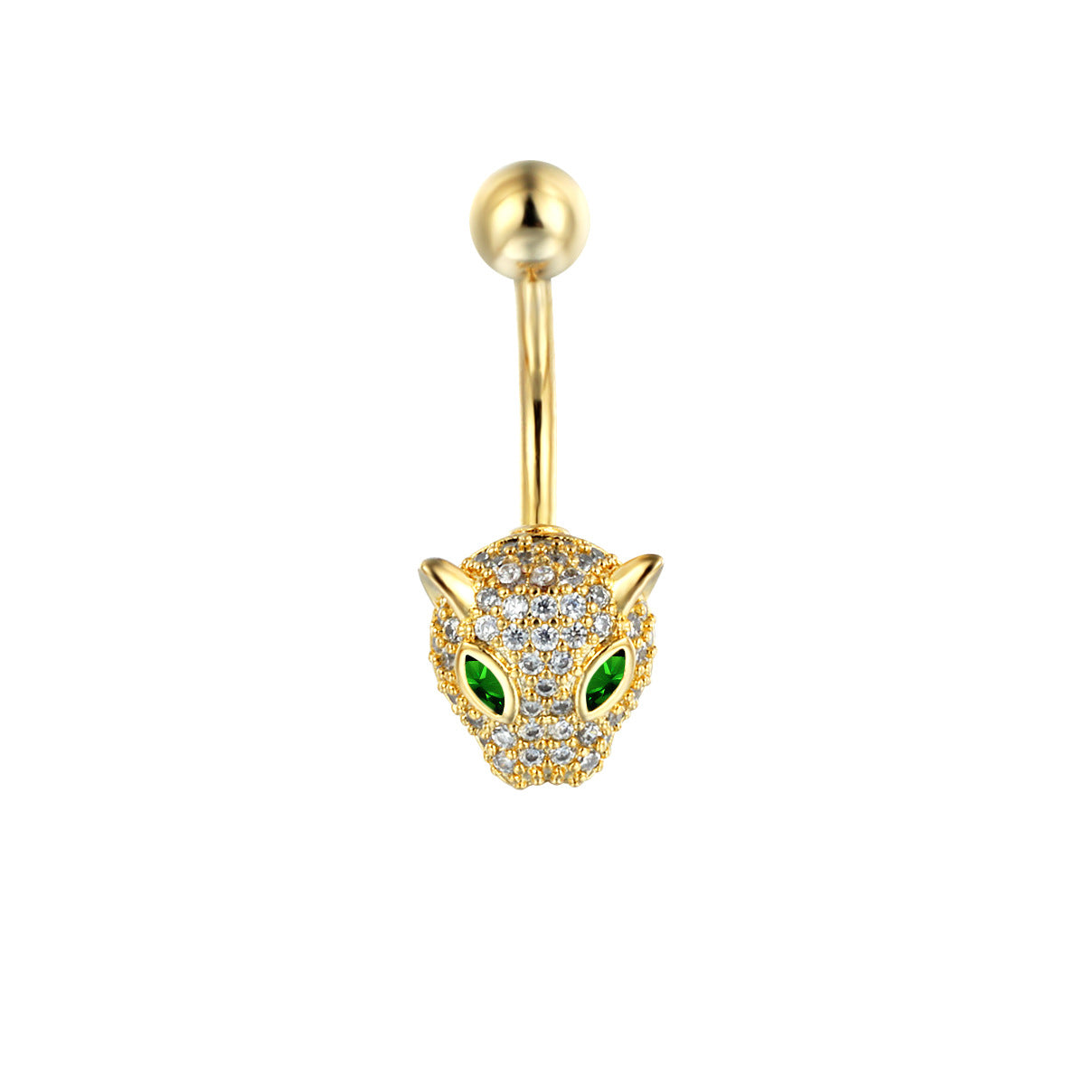 Gold tone leopard head navel piercing ring encrusted with brilliant crystals and vibrant green eyes, high-fashion body piercing jewelry