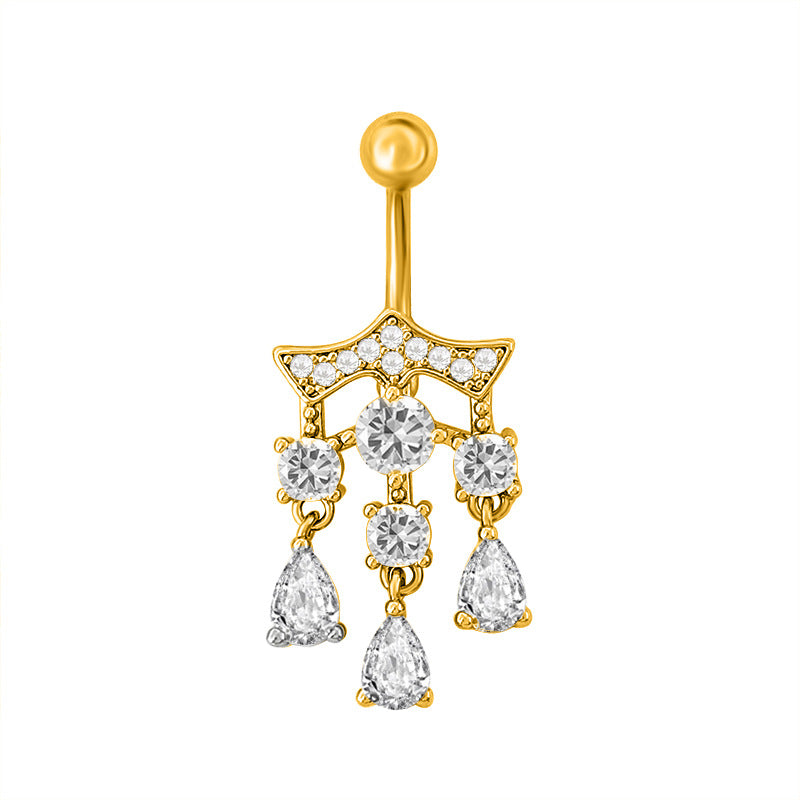 Close-up profile of a gold luxury chandelier style dangle belly button ring with multi-layered sparkling droplets.