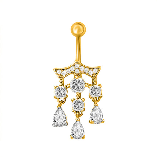 Close-up profile of a gold luxury chandelier style dangle belly button ring with multi-layered sparkling droplets.