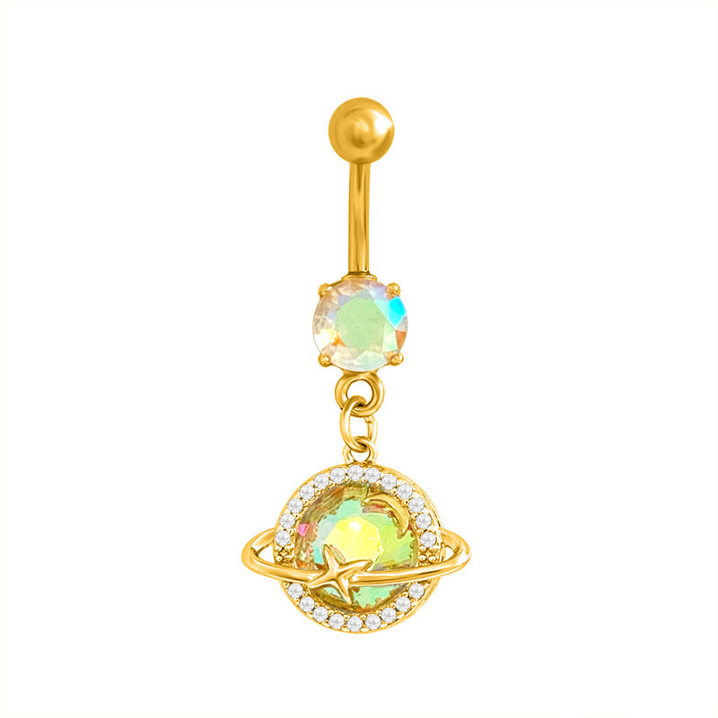 Gold-tone celestial navel piercing featuring a dangling planet design with a round iridescent stone and small shimmering crystals