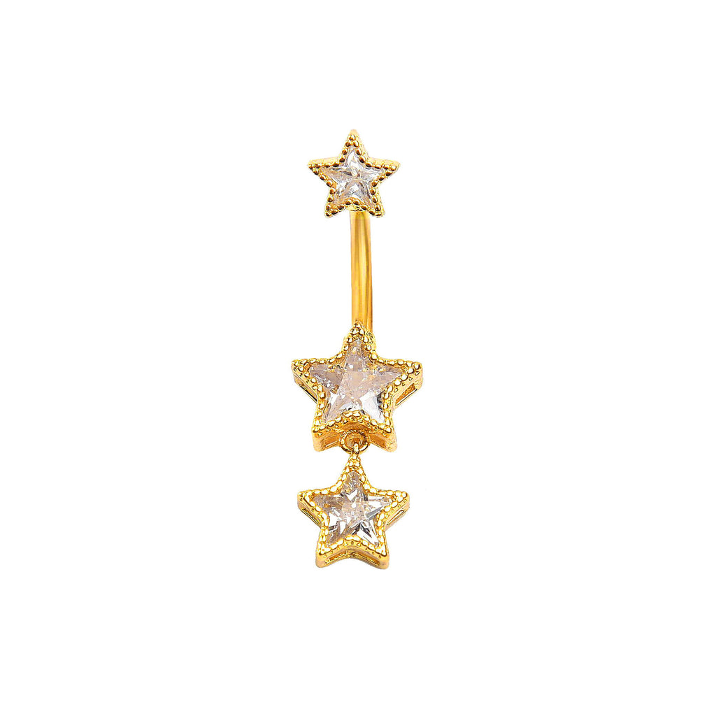 Gold celestial navel ring featuring a vertical three-star drop design with shimmering gem centers