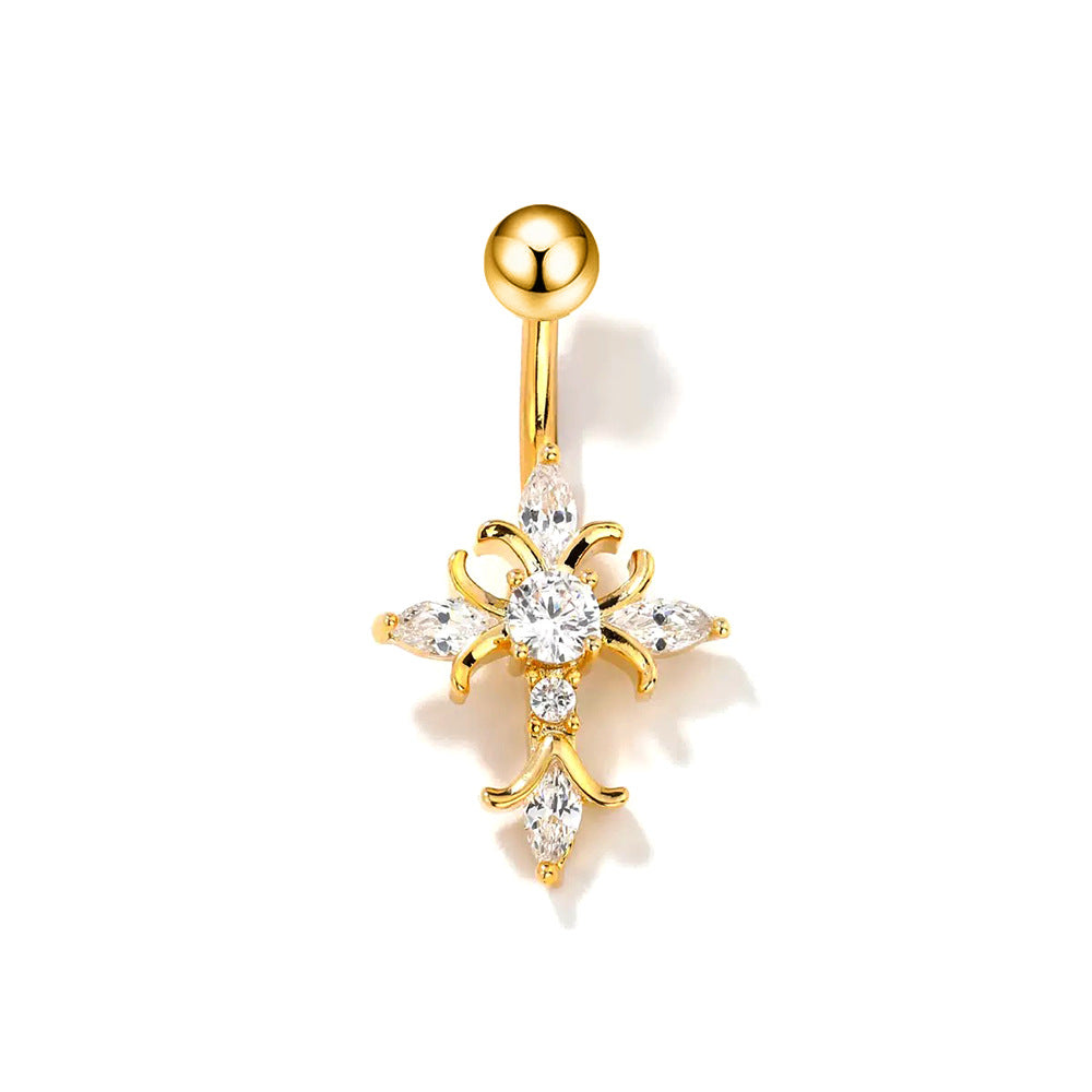 Elegant gold-toned cross navel piercing jewelry adorned with sparkling clear white crystals on a white background