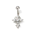 A close-up shot of a silver-toned gothic cross navel ring featuring a central round clear crystal and marquise-cut white gems
