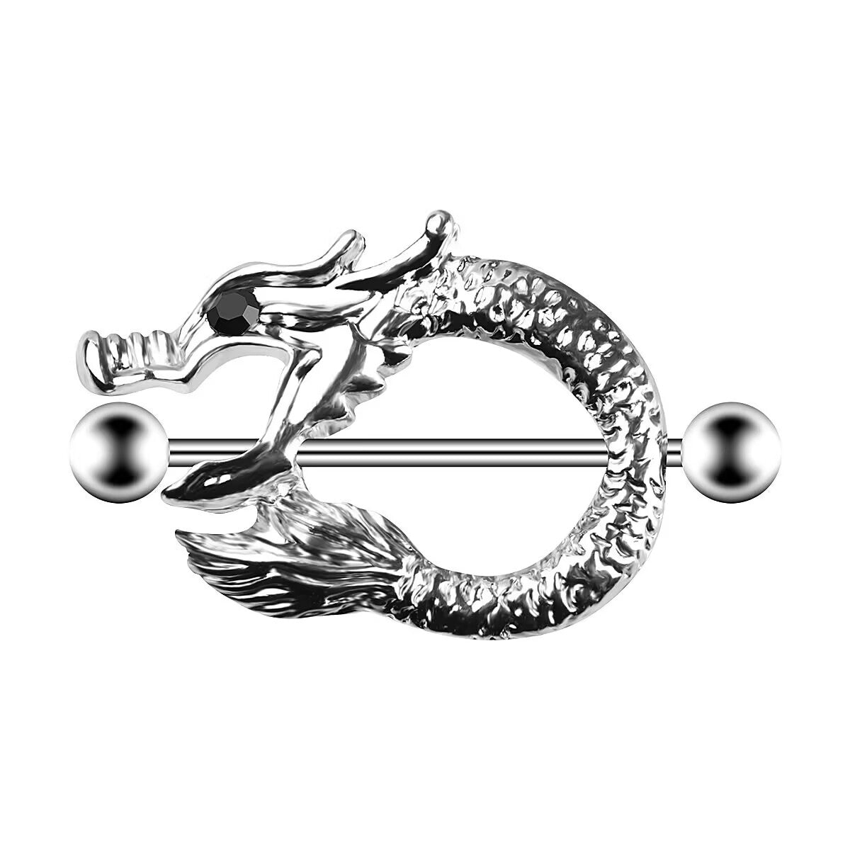 Front view of a silver dragon nipple shield with a black gem eye on a white background