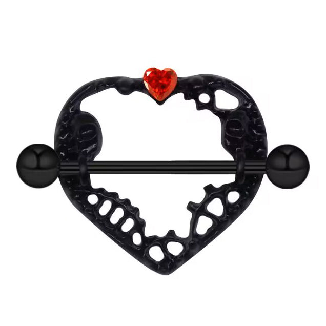 Black gothic heart nipple shield with red crystal heart on white background.