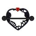 Black gothic heart nipple shield with red crystal heart on white background.