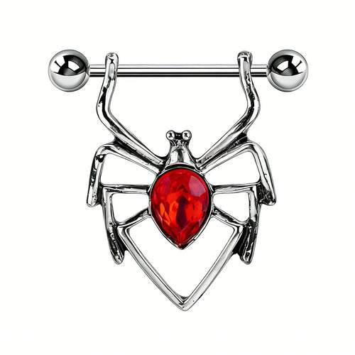 Close-up of a gothic spider nipple ring featuring a vibrant red pear-shaped crystal center.