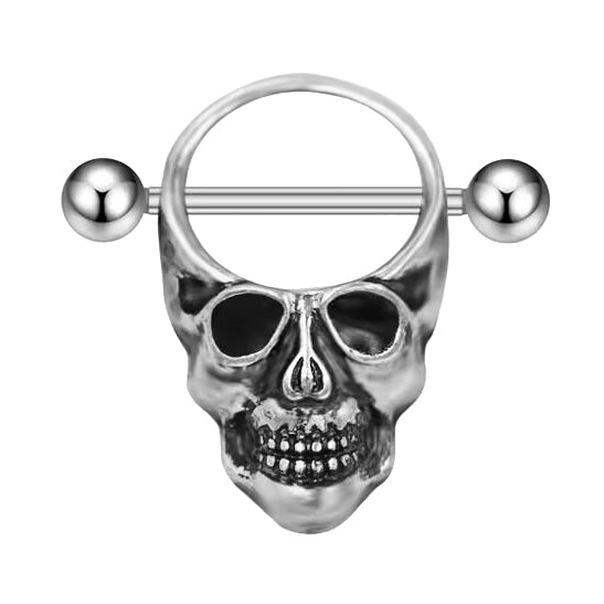 Single silver skull nipple shield jewelry with a straight barbell.