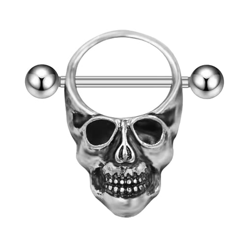 Single silver skull nipple shield jewelry with a straight barbell.