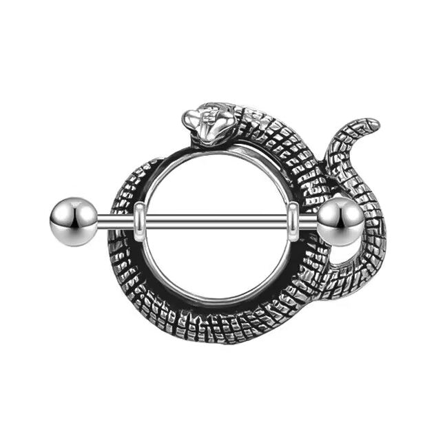 Detailed silver snake nipple shield with textured scales and barbell