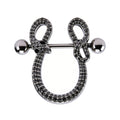 Front view of a gothic nipple shield featuring two black-stoned snakes