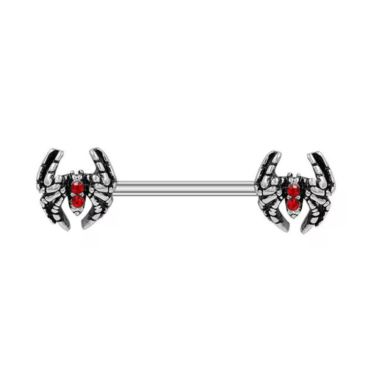 Single spider nipple barbell with red gemstone eyes on a white background.