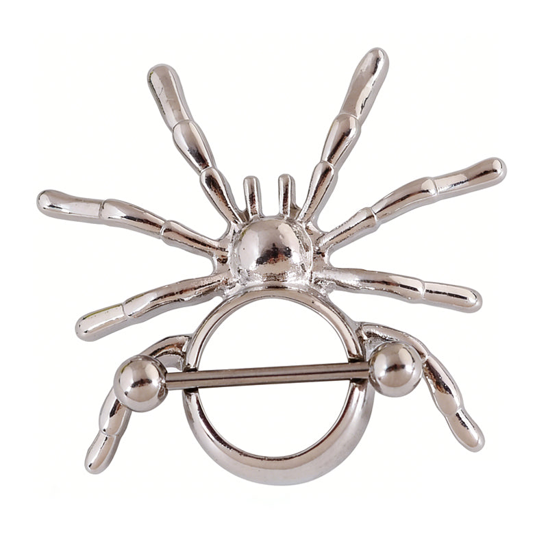 Front view of a silver spider-shaped nipple shield piercing