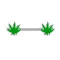 Pair of silver nipple barbells with bright green leaf charms on a white background.