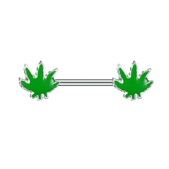 Pair of silver nipple barbells with bright green leaf charms on a white background.