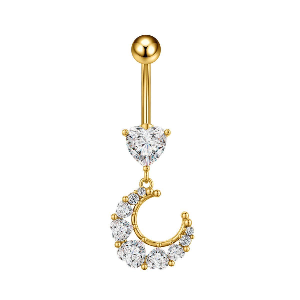 Luxury gold heart and crescent moon dangling belly ring with sparkling multi-sized faceted crystals