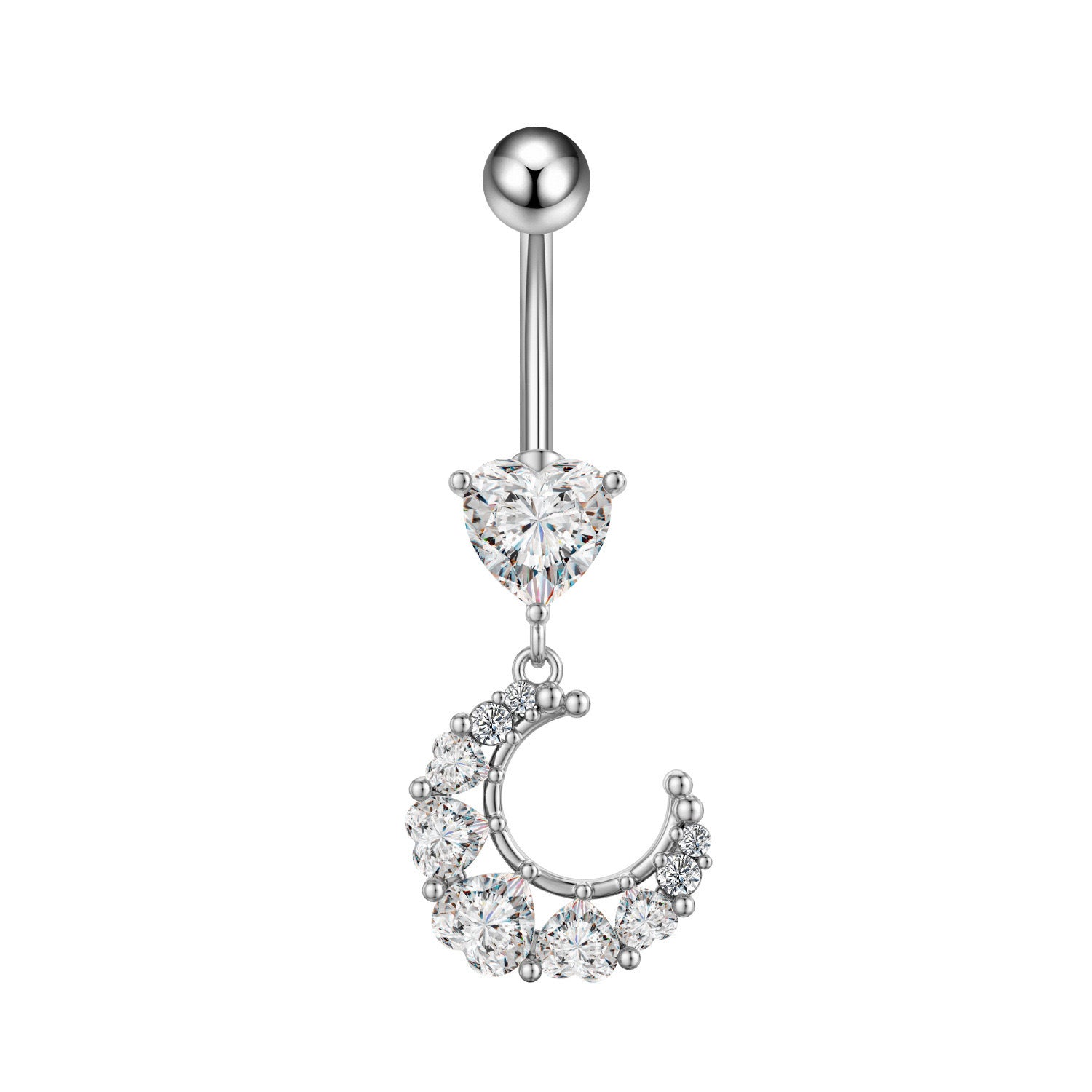 Silver-toned belly piercing jewelry features a romantic heart crystal attached to a crescent moon charm embedded with round stones