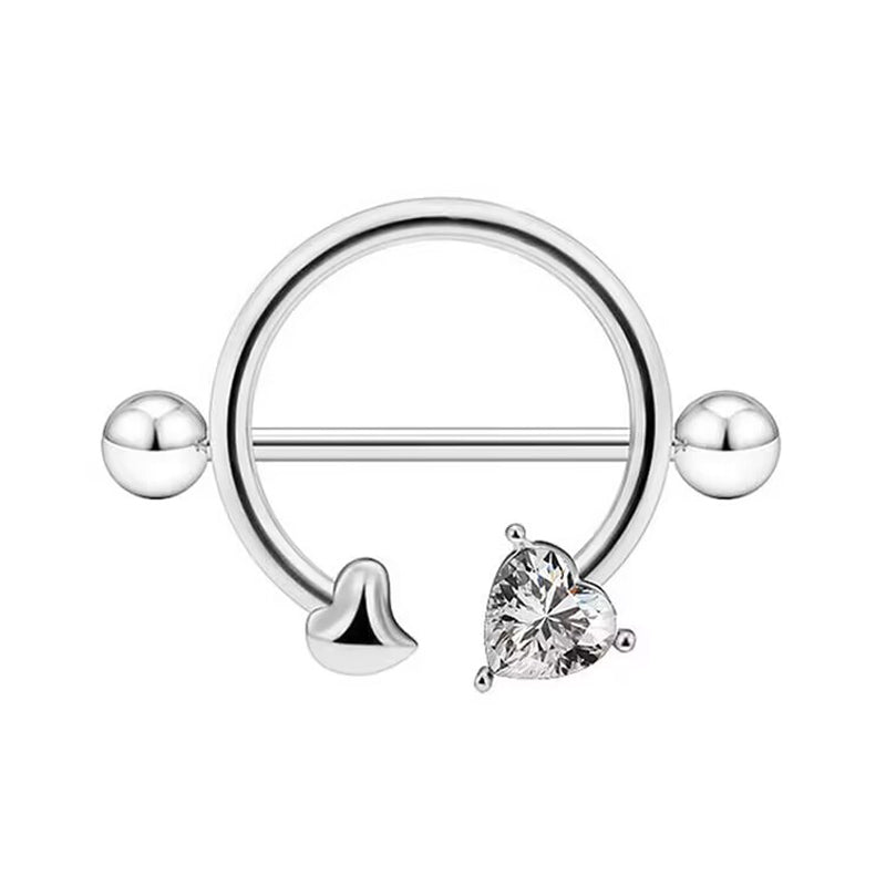 Front view of a silver nipple shield ring featuring a polished heart and a heart-shaped cubic zirconia crystal.