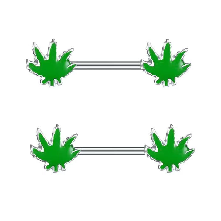 Two identical green leaf-themed nipple barbells displayed vertically for symmetry.