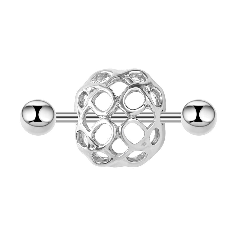 Front view of a silver-tone hollow geometric nipple shield barbell on a white background.