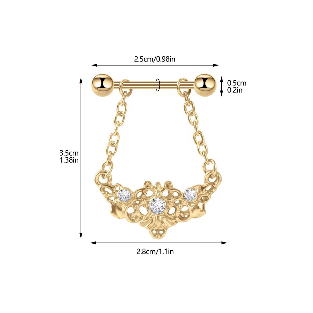 Dimensional chart showing 2.5cm barbell length and 3.5cm drop height for the nipple jewelry