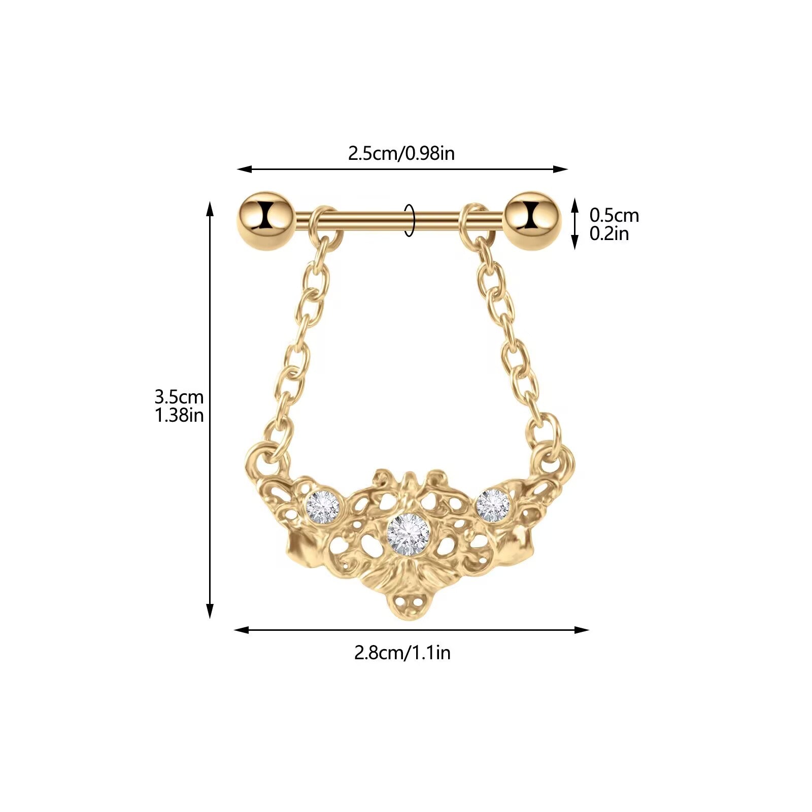 Dimensional chart showing 2.5cm barbell length and 3.5cm drop height for the nipple jewelry
