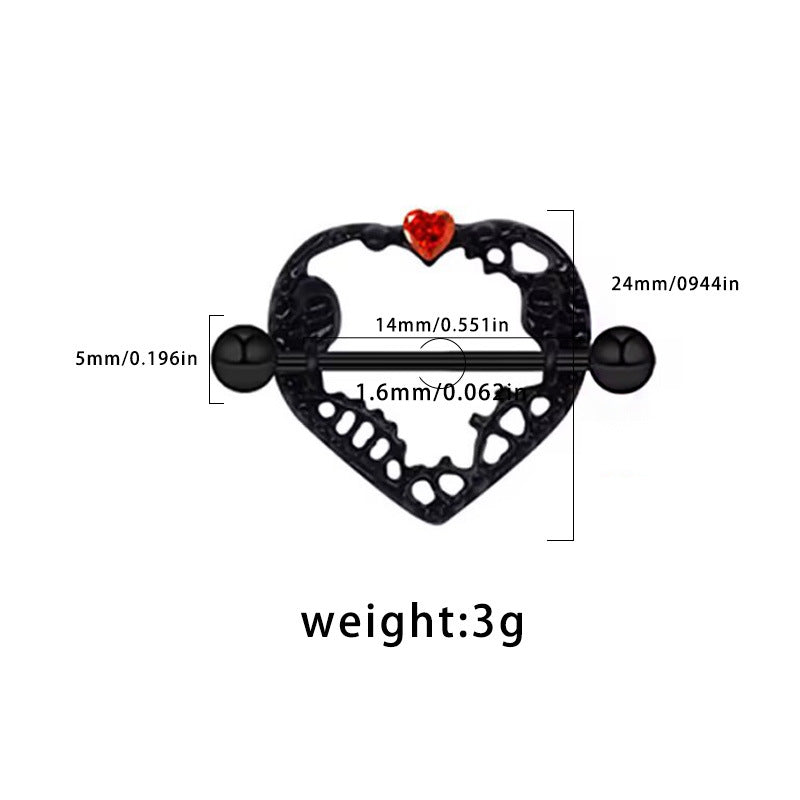 Size chart showing 1.6mm gauge and 14mm bar length for heart nipple jewelry.