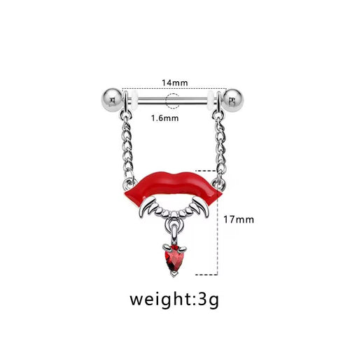 Size specifications for 14G vampire lips nipple piercing jewelry.