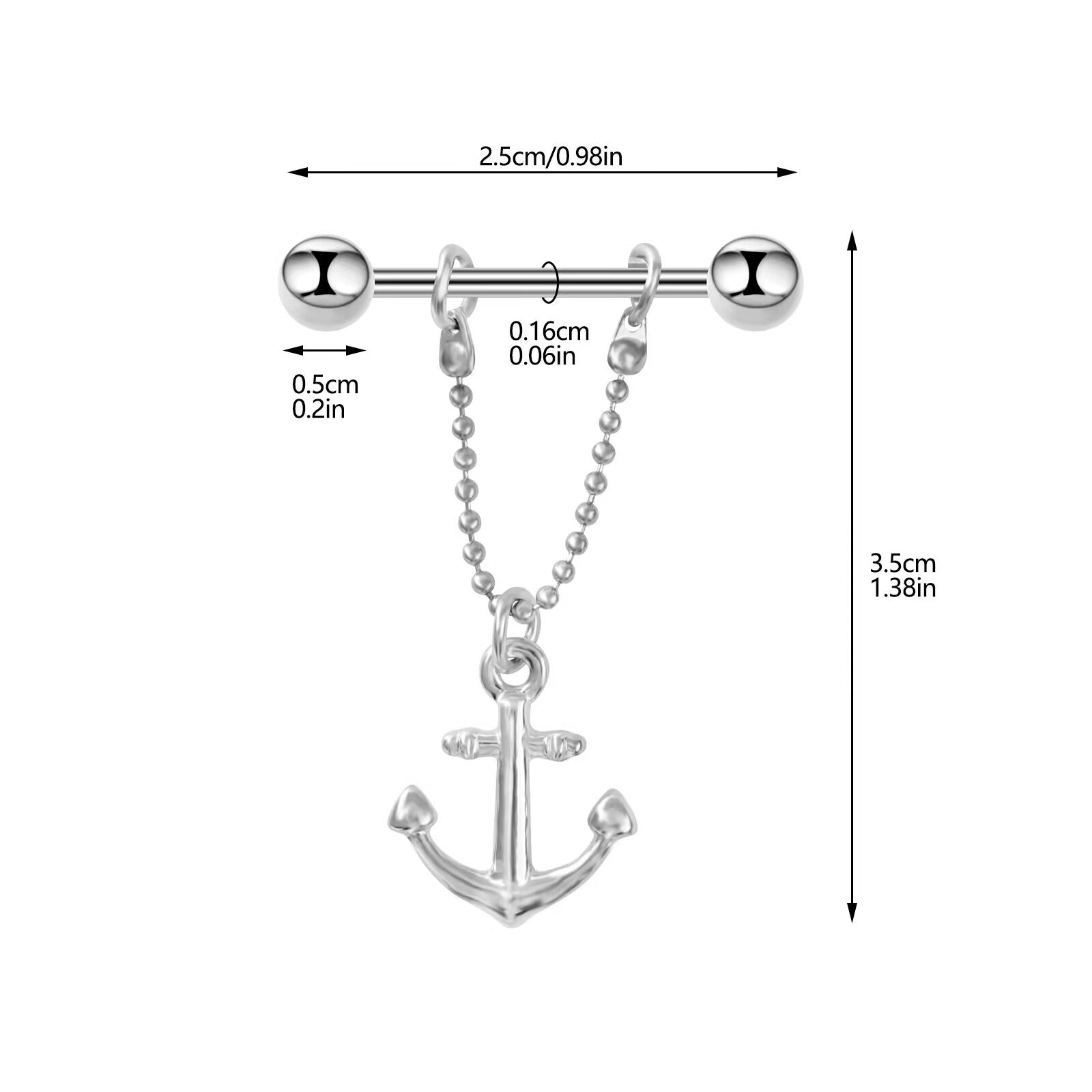 Technical diagram showing measurements of the anchor nipple jewelry in centimeters and inches