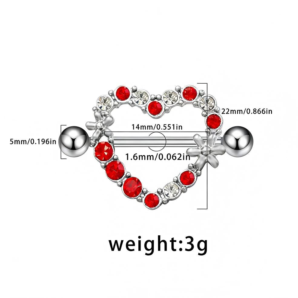Product dimensions showing 14mm bar length and 22mm heart shield height for body jewelry.