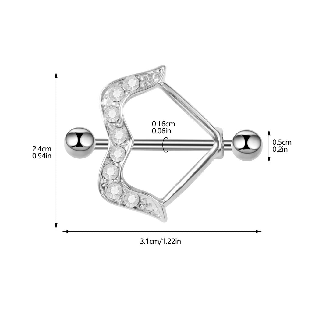 Detailed measurement diagram showing the 3.1cm width and 14G gauge of the bow nipple jewelry.