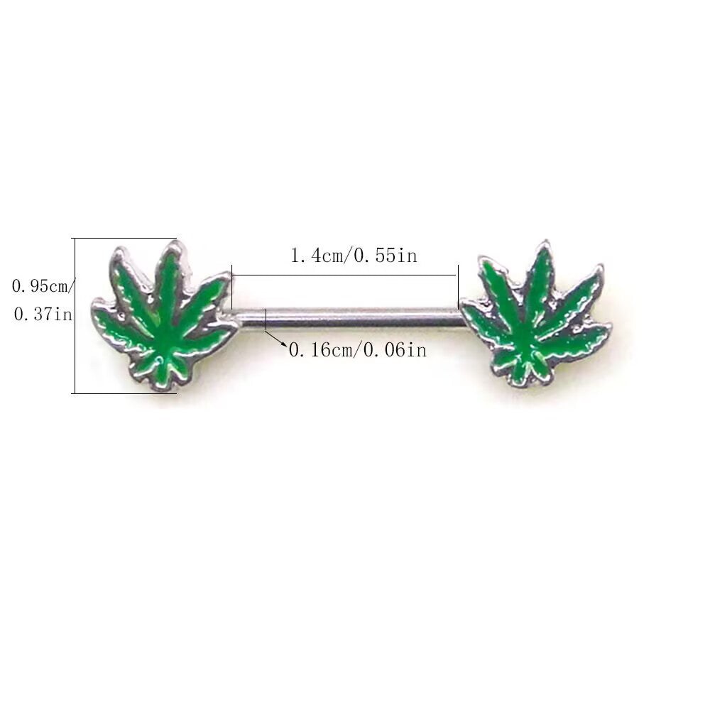 Technical measurement diagram showing 14G thickness and 14mm bar length for leaf nipple rings.