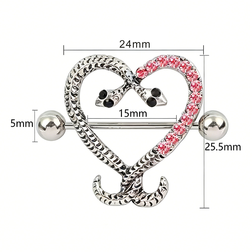 Detailed size chart for snake heart nipple shield showing 24mm width and 15mm bar