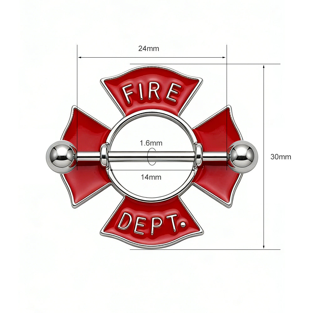Dimension chart showing 1.6mm thickness and 14mm wearable length for the firefighter nipple ring.