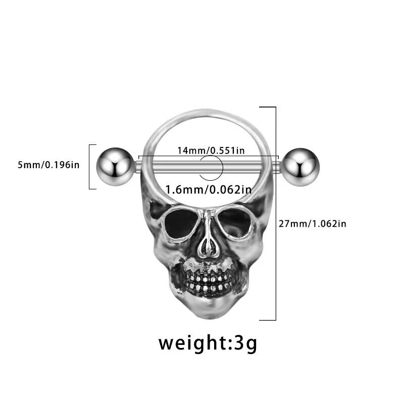 Technical dimensions of the 14G skull nipple shield showing 14mm bar length.