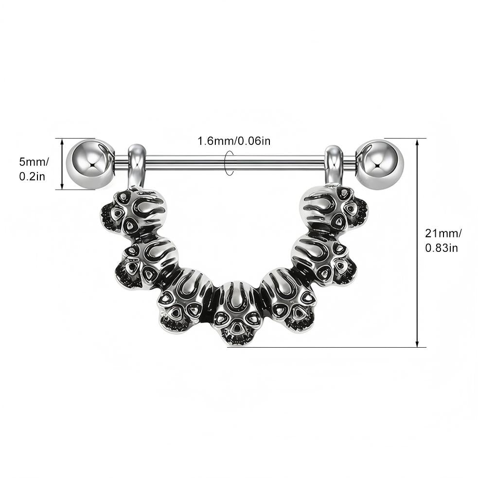 Detailed size chart showing the 1.6mm gauge and 21mm height of the skull nipple jewelry.