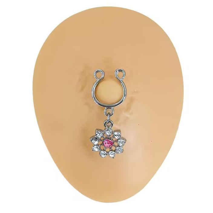 Professional display of the floral clip-on nipple jewelry on a skin-tone mannequin for visual styling.