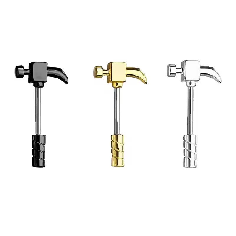 Three hammer shape novelty barbells in black, gold, and silver.