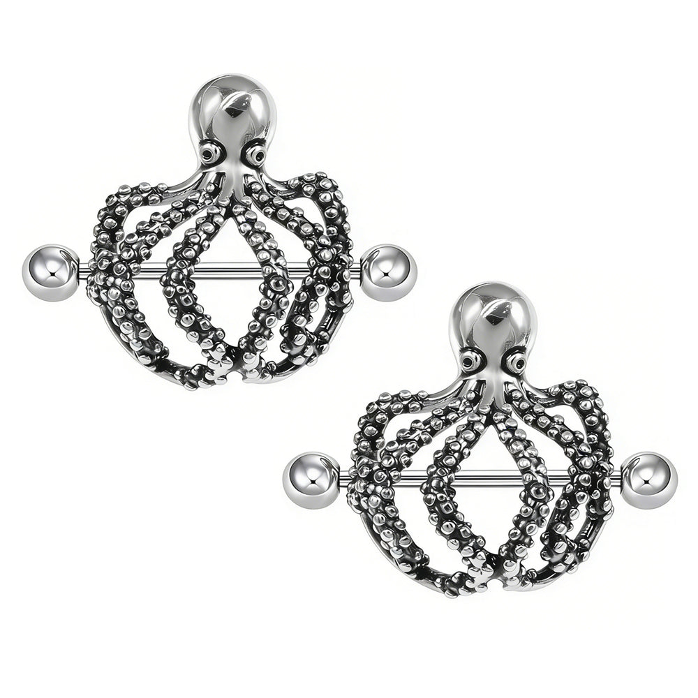 A pair of gothic octopus nipple shield barbells on a white background.