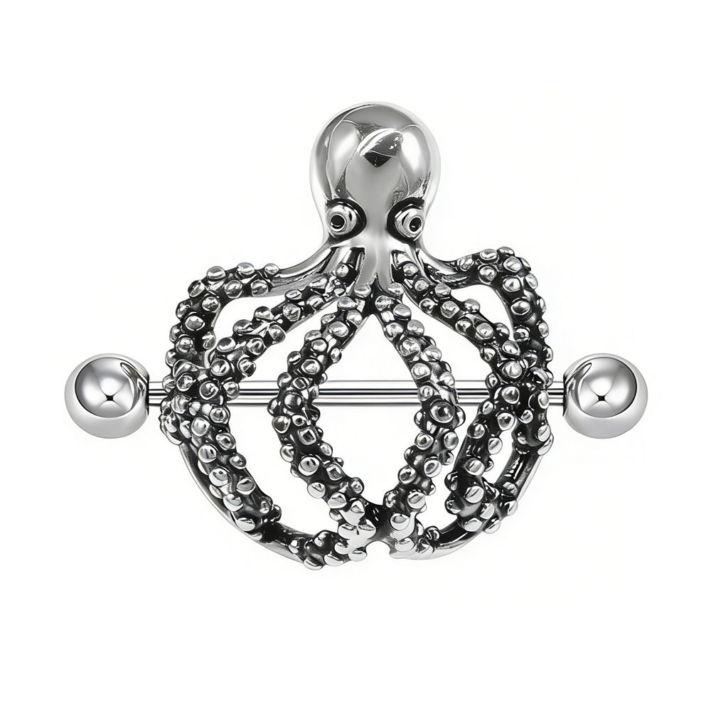 Front view of a silver octopus nipple shield with detailed tentacles