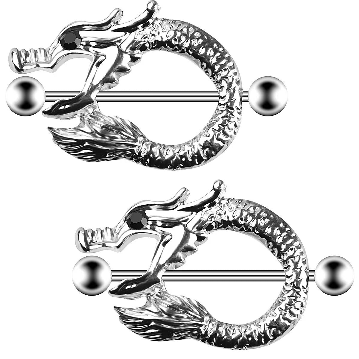 A pair of matching dragon nipple rings displayed vertically for alternative fashion styling