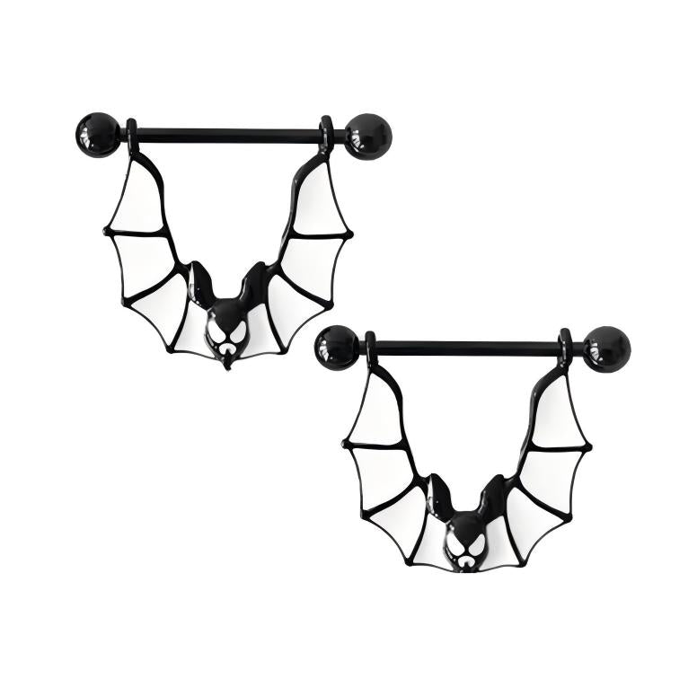 A pair of matching bat-themed nipple barbells for alternative body jewelry.