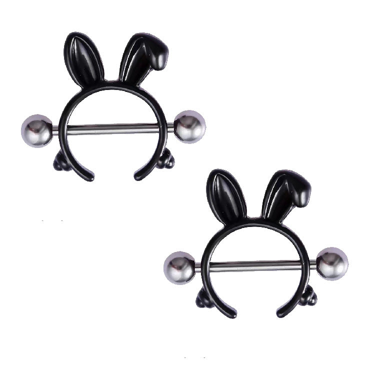 Set of two black bunny ear nipple shields on white background.