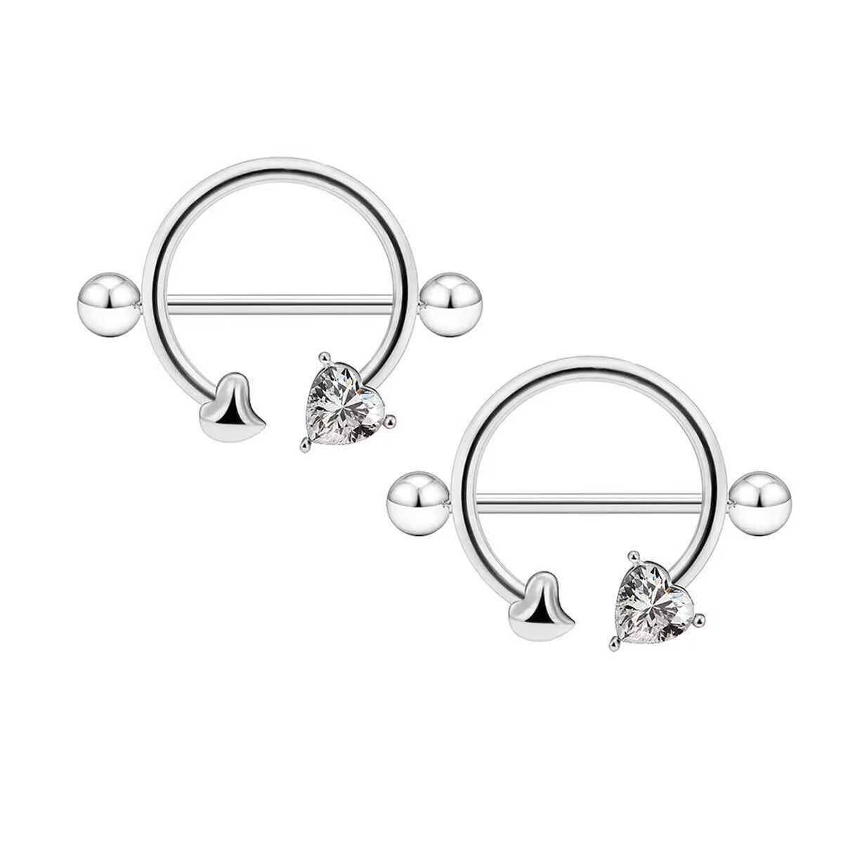 A pair of matching silver nipple rings with double heart charms on a clean white background.