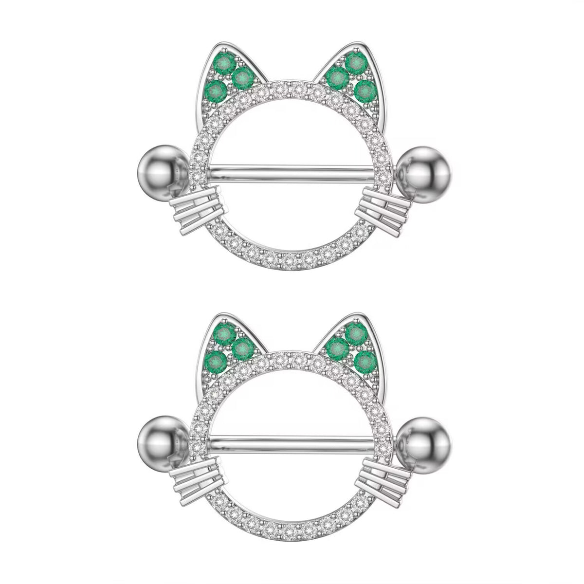 A pair of matching kitty-themed nipple rings for women, minimalist piercing jewelry.