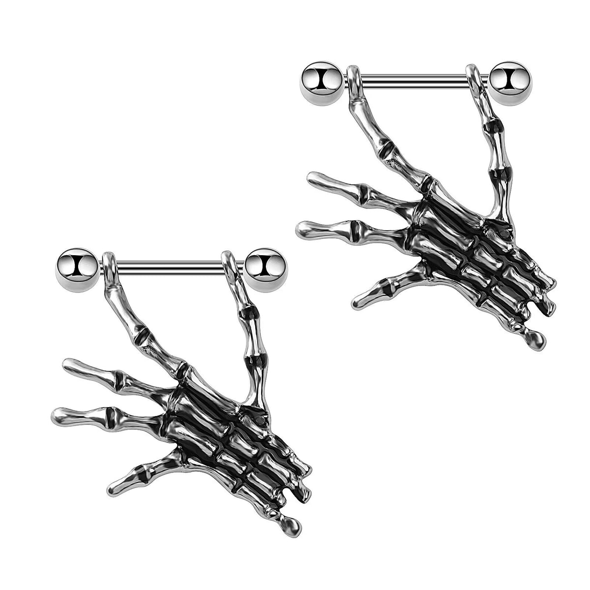 A pair of gothic style skeleton hand nipple rings for alternative body piercing.
