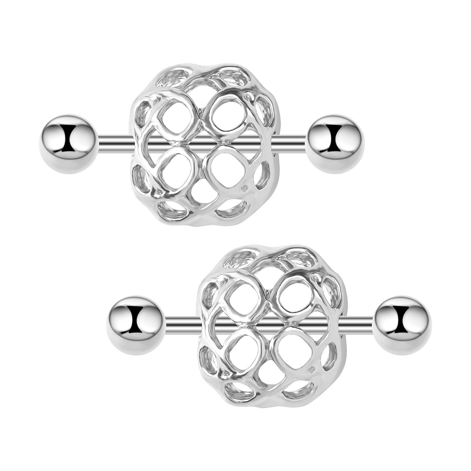 A pair of matching hollow-out design nipple barbells for body piercing enthusiasts.