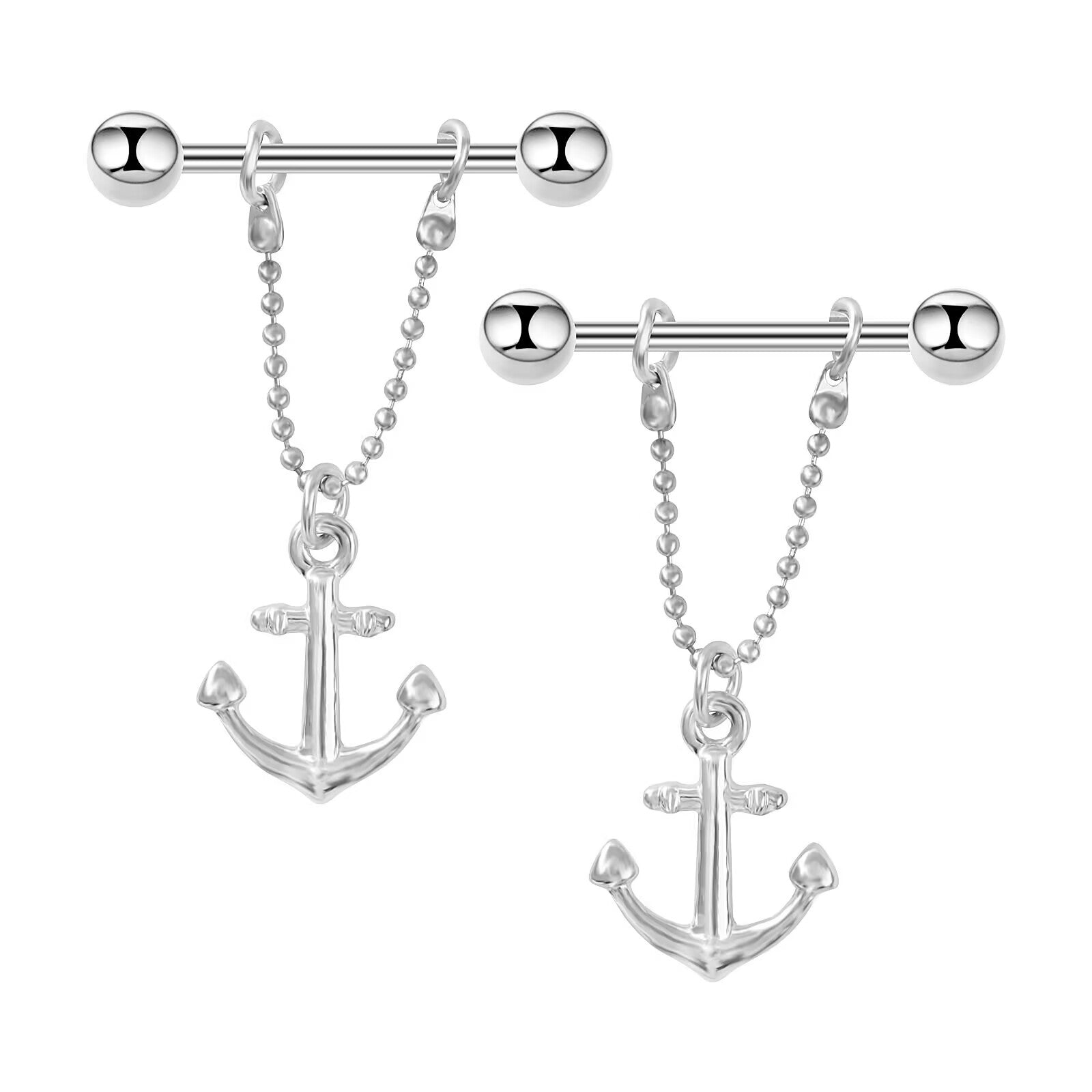 A matching pair of silver nautical anchor nipple shields with ball chains